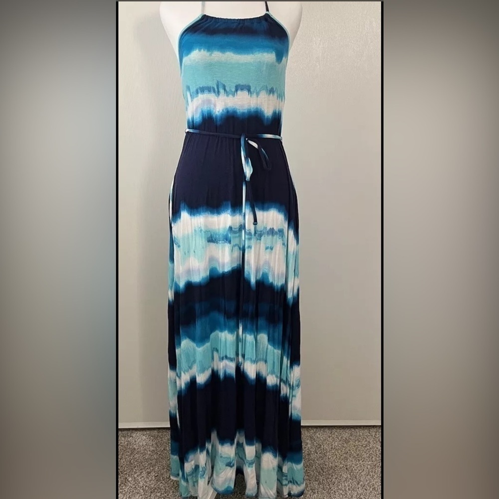 Tie Dye Halter Maxi Dress Tie Front XS